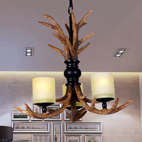 Brown Resin Deer Antler 3 Bulbs Living Room Hanging Pendant Lamp With White Frosted Glass