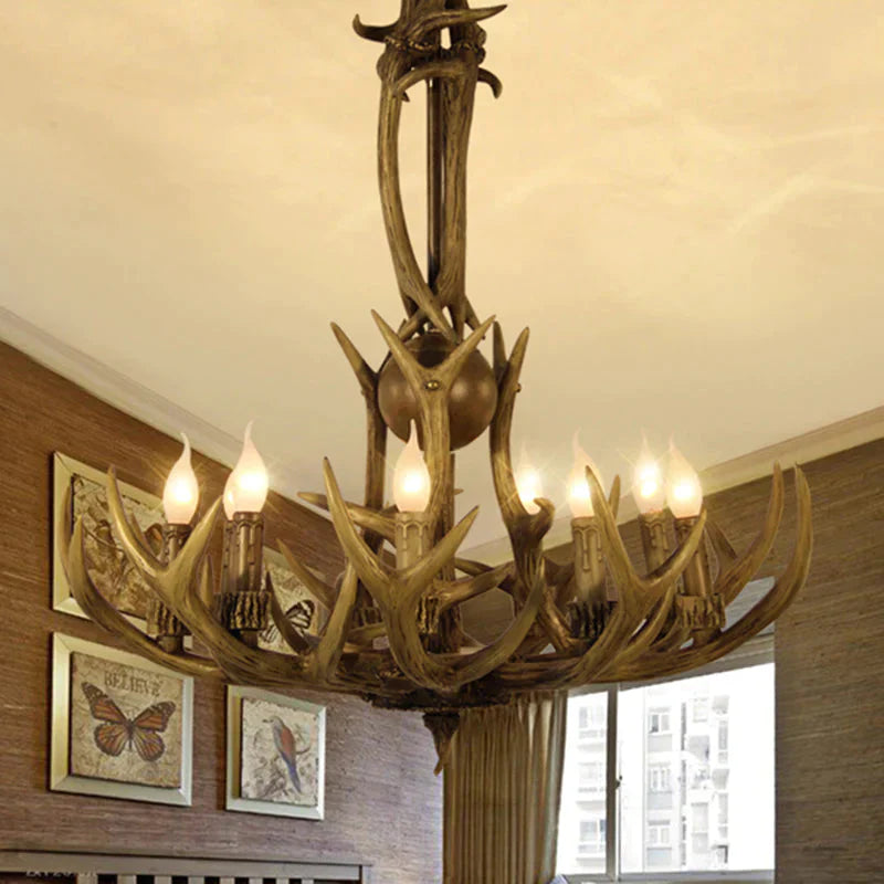 Brown 9 Lights Hanging Chandelier Rustic Resin Candle Ceiling Suspension Lamp With Antler Design