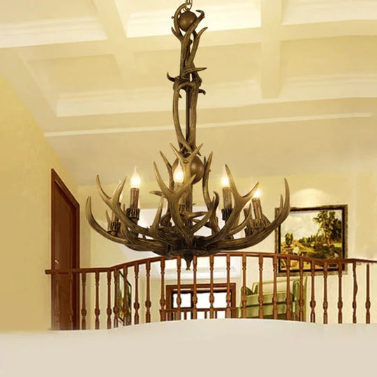 Brown 9 Lights Hanging Chandelier Rustic Resin Candle Ceiling Suspension Lamp With Antler Design