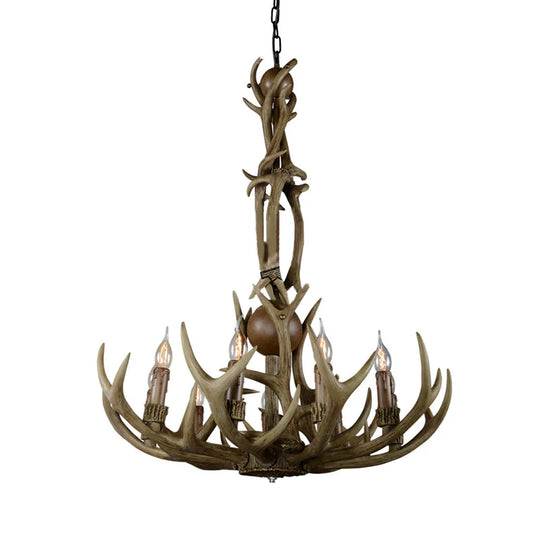 Brown 9 Lights Hanging Chandelier Rustic Resin Candle Ceiling Suspension Lamp With Antler Design