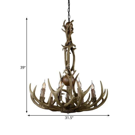 Brown 9 Lights Hanging Chandelier Rustic Resin Candle Ceiling Suspension Lamp With Antler Design