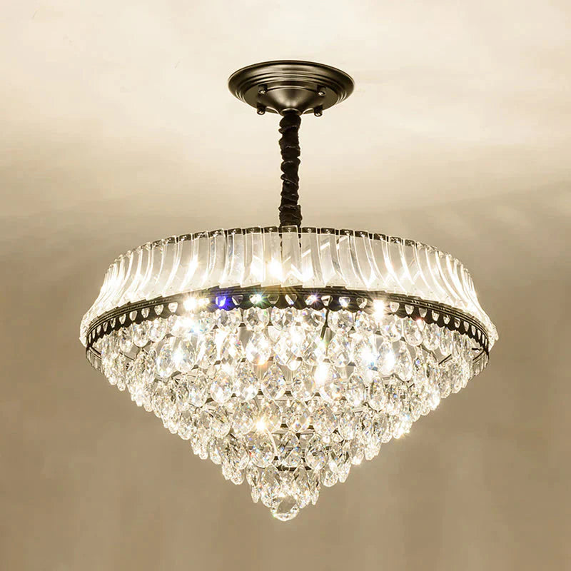 6 Heads Clear Teardrop Crystal Hanging Ceiling Light Black Cone Bedroom Chandelier Lighting