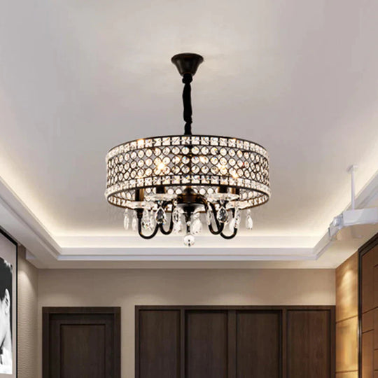 Crystal Encrusted Drum Suspension Pendant Modern 4 Heads Dining Room Chandelier Lamp In Black