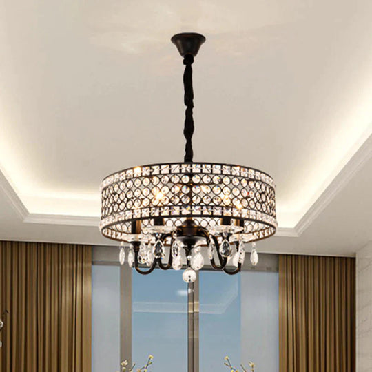 Crystal Encrusted Drum Suspension Pendant Modern 4 Heads Dining Room Chandelier Lamp In Black