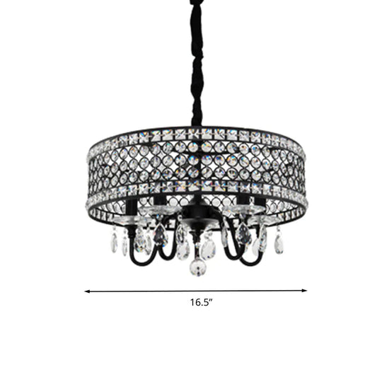 Crystal Encrusted Drum Suspension Pendant Modern 4 Heads Dining Room Chandelier Lamp In Black