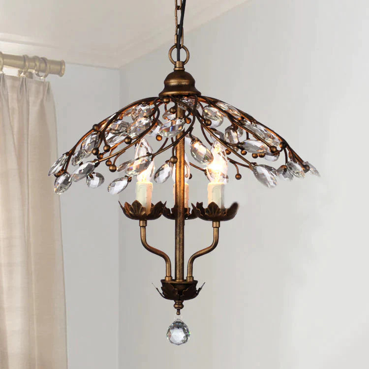 Umbrella Shape Living Room Hanging Chandelier Leaf Crystal 2 Heads Brass Light Kit