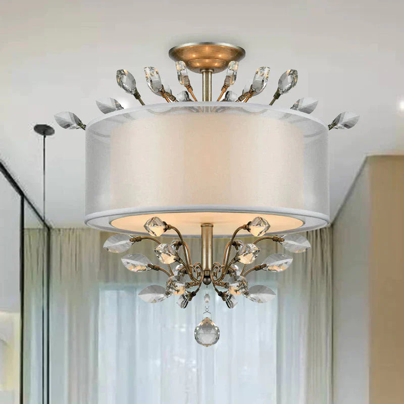 3 Heads Leaf Crystal Hanging Lamp Kit Modernism Silver Drum Living Room Chandelier Light