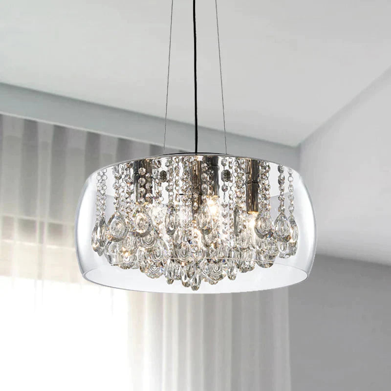 Drum Dining Room Chandelier Lighting Simple Style Crystal Drop 3 Heads Suspension Lamp With