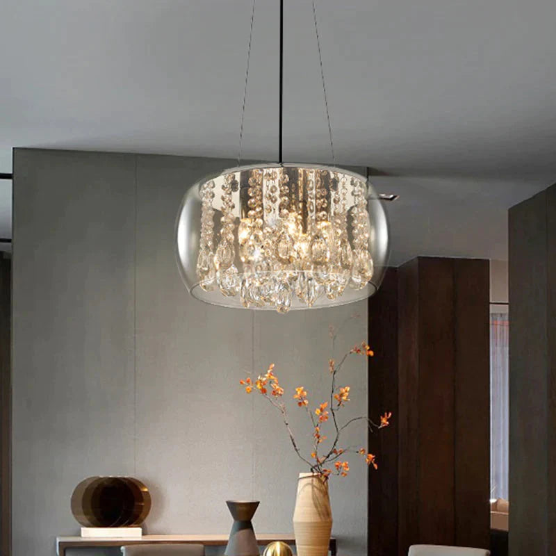 Drum Dining Room Chandelier Lighting Simple Style Crystal Drop 3 Heads Suspension Lamp With