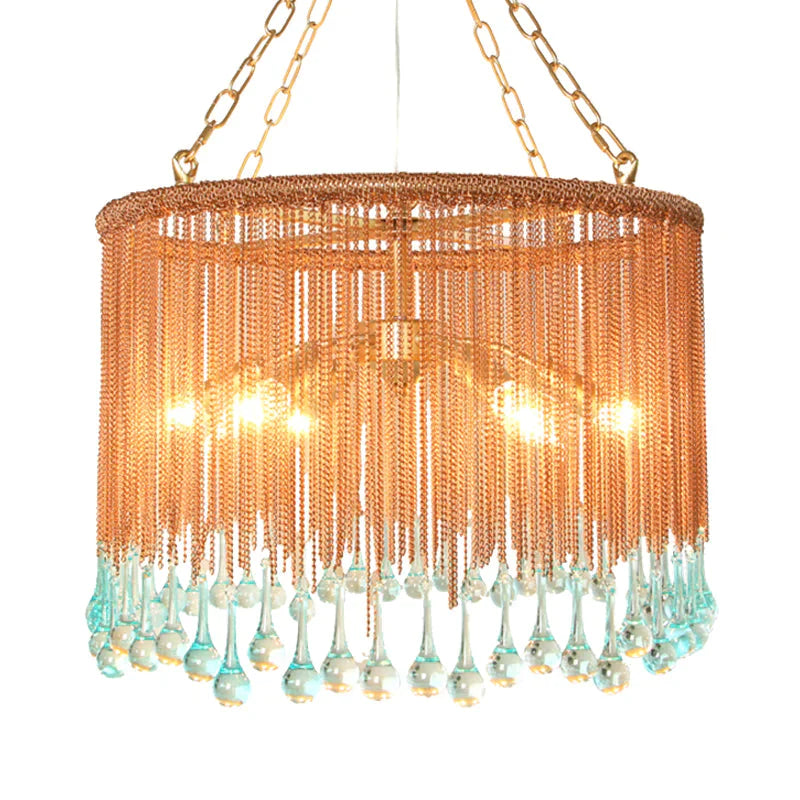 Copper Round Chandelier Light Fixture Traditional Metal Chain 6 Heads Living Room Hanging Lamp