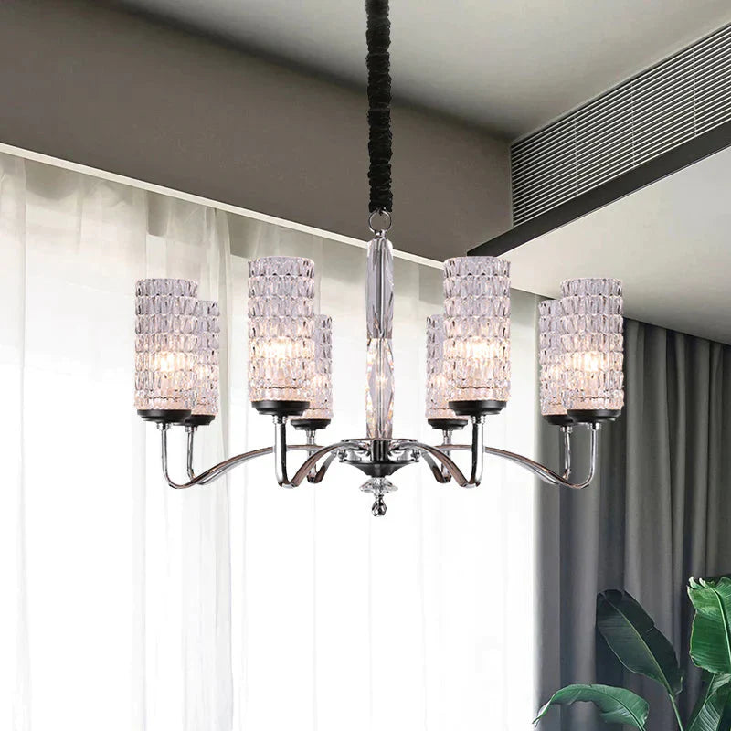 Dimpled Crystal Chrome Pendant Light Cylinder 8 Heads Simple Style Ceiling Chandelier