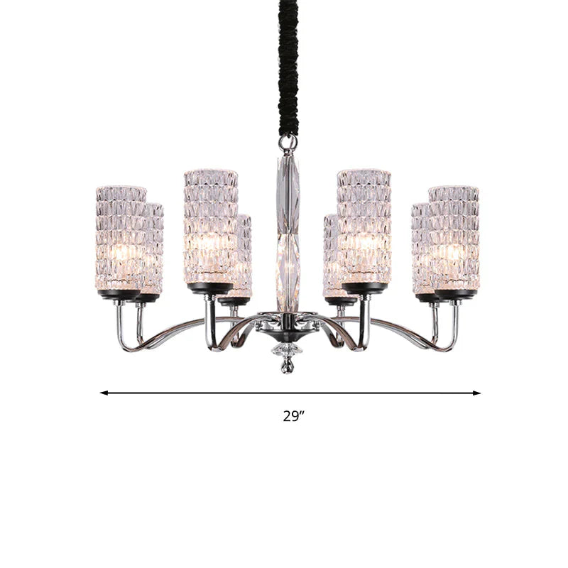 Dimpled Crystal Chrome Pendant Light Cylinder 8 Heads Simple Style Ceiling Chandelier