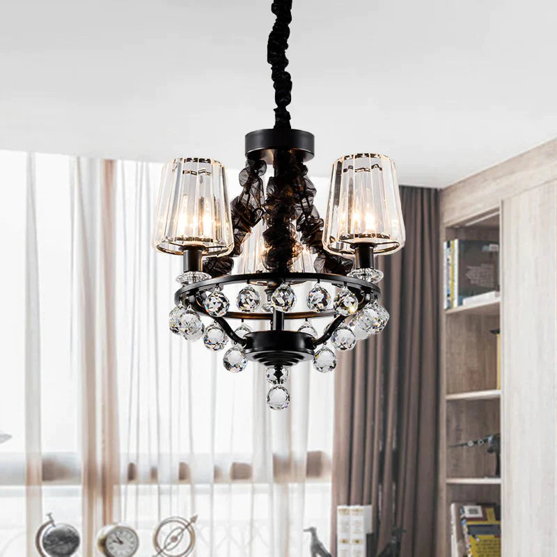 Black Tapered Chandelier Pendant Light Traditional Crystal Block 3/6 Heads Bedroom Hanging Ceiling