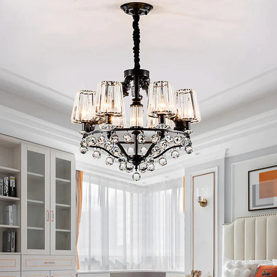 Black Tapered Chandelier Pendant Light Traditional Crystal Block 3/6 Heads Bedroom Hanging Ceiling