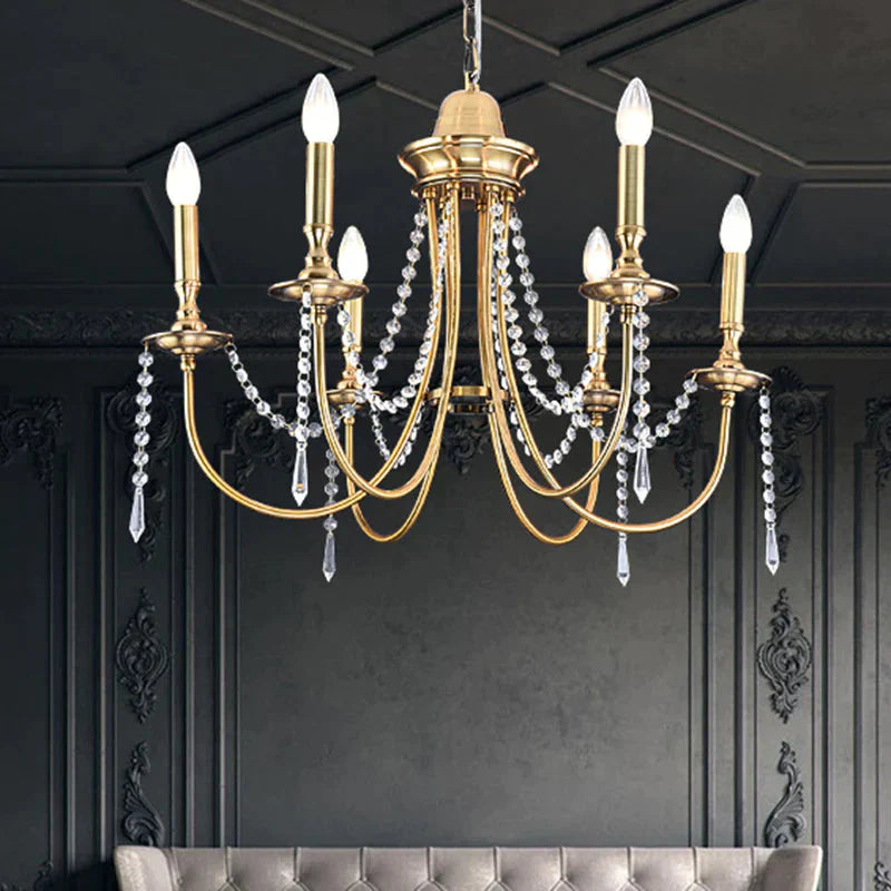6 Heads Crystal Strand Hanging Light Postmodern Gold Candle Bedroom Chandelier Lamp