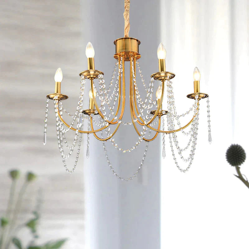 6 Heads Candle Style Ceiling Pendant Light Modern Gold Crystal Beaded Chandelier