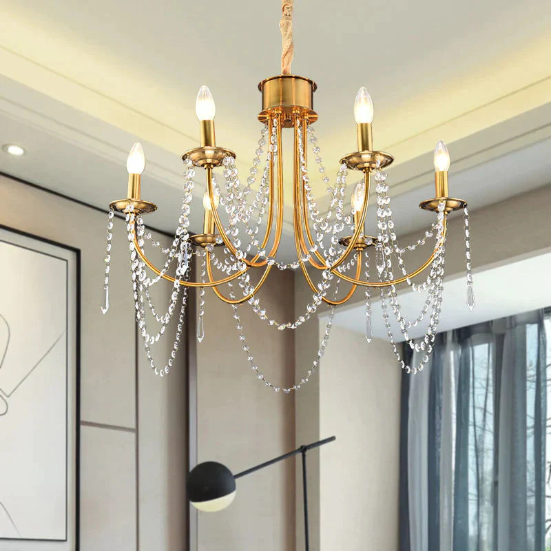 6 Heads Candle Style Ceiling Pendant Light Modern Gold Crystal Beaded Chandelier