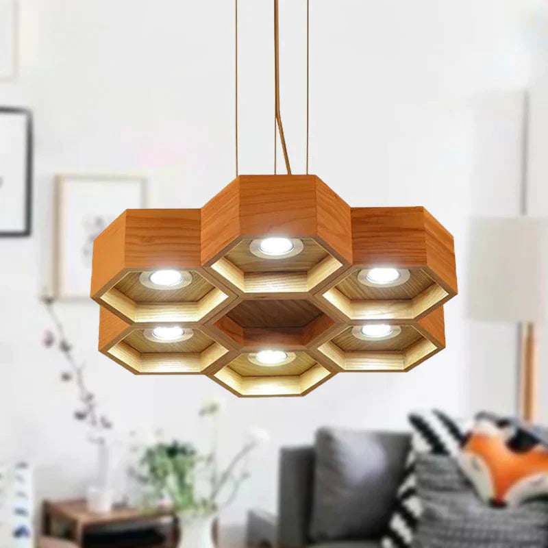 Honeycomb Wood Chandelier Light Contemporary 6 Heads Beige Hanging Pendant