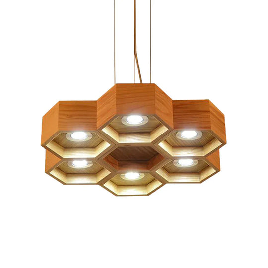 Honeycomb Wood Chandelier Light Contemporary 6 Heads Beige Hanging Pendant