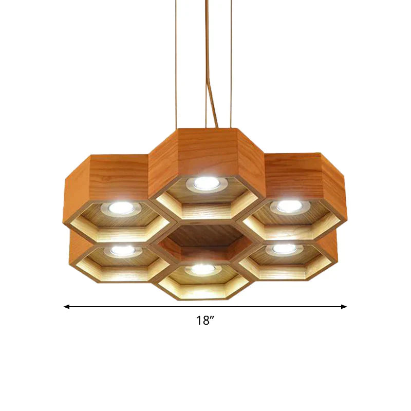 Honeycomb Wood Chandelier Light Contemporary 6 Heads Beige Hanging Pendant