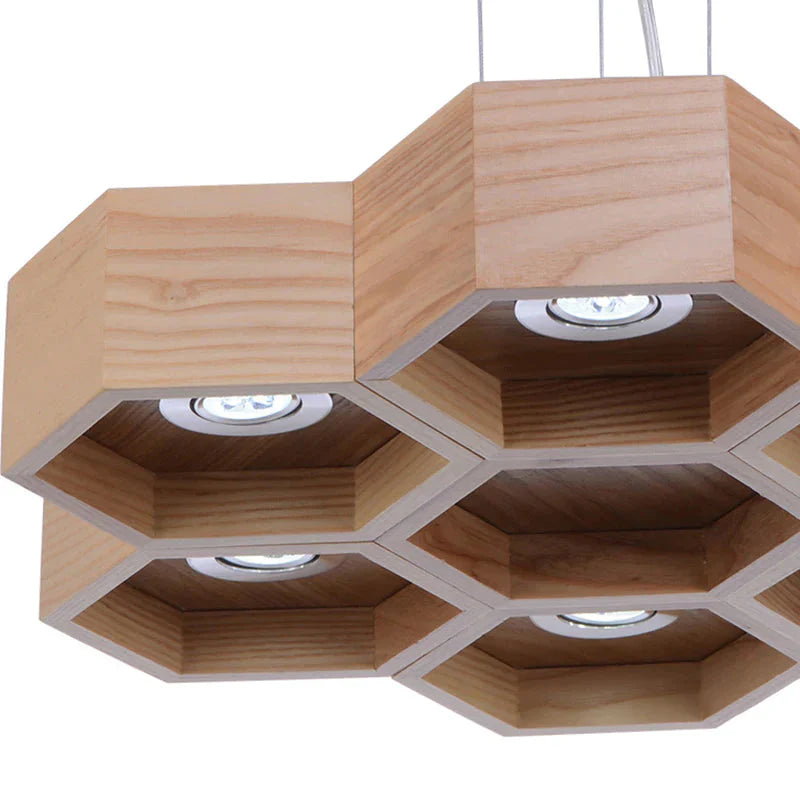 Honeycomb Wood Chandelier Light Contemporary 6 Heads Beige Hanging Pendant