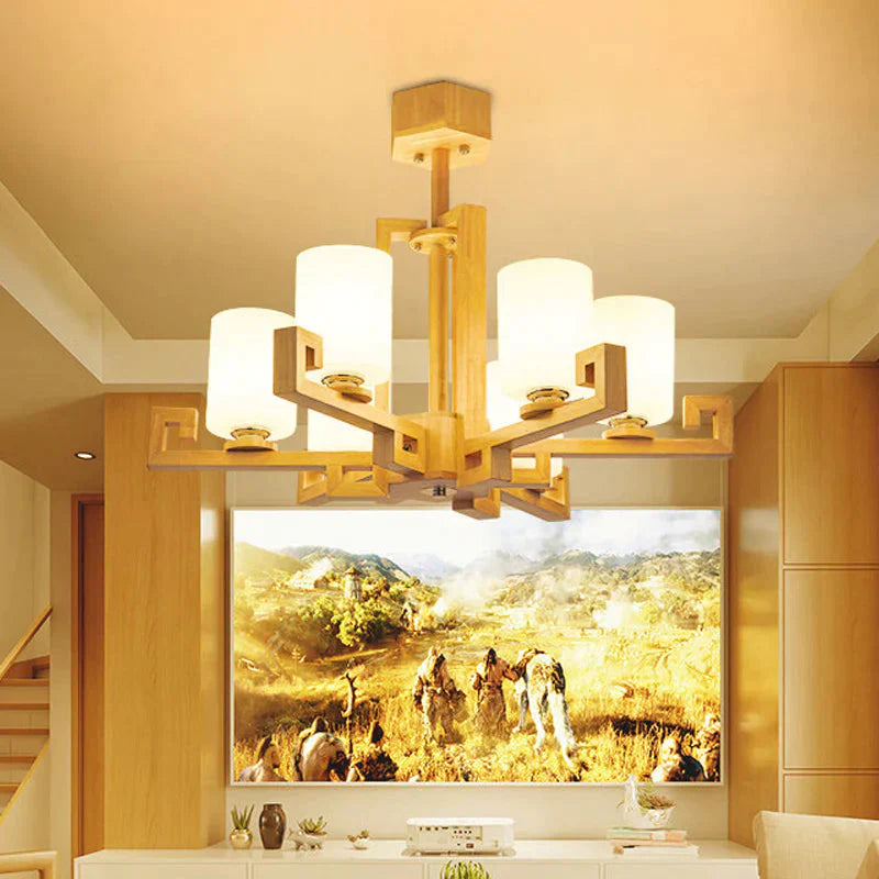 6 Heads Dining Room Ceiling Chandelier Modernism Beige Hanging Lamp Kit With Cylinder White Glass