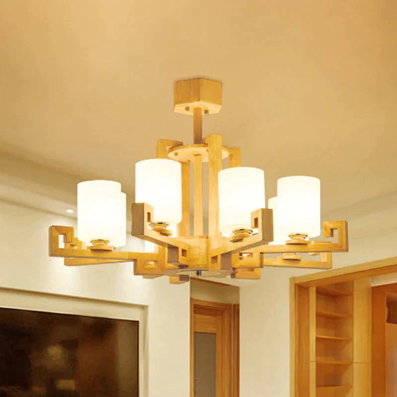 6 Heads Dining Room Ceiling Chandelier Modernism Beige Hanging Lamp Kit With Cylinder White Glass