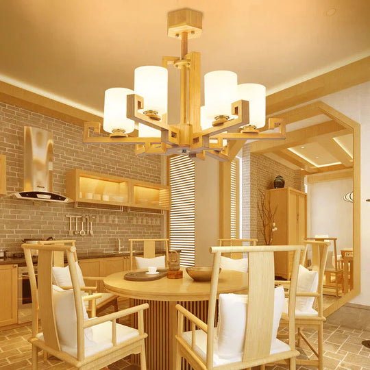 6 Heads Dining Room Ceiling Chandelier Modernism Beige Hanging Lamp Kit With Cylinder White Glass