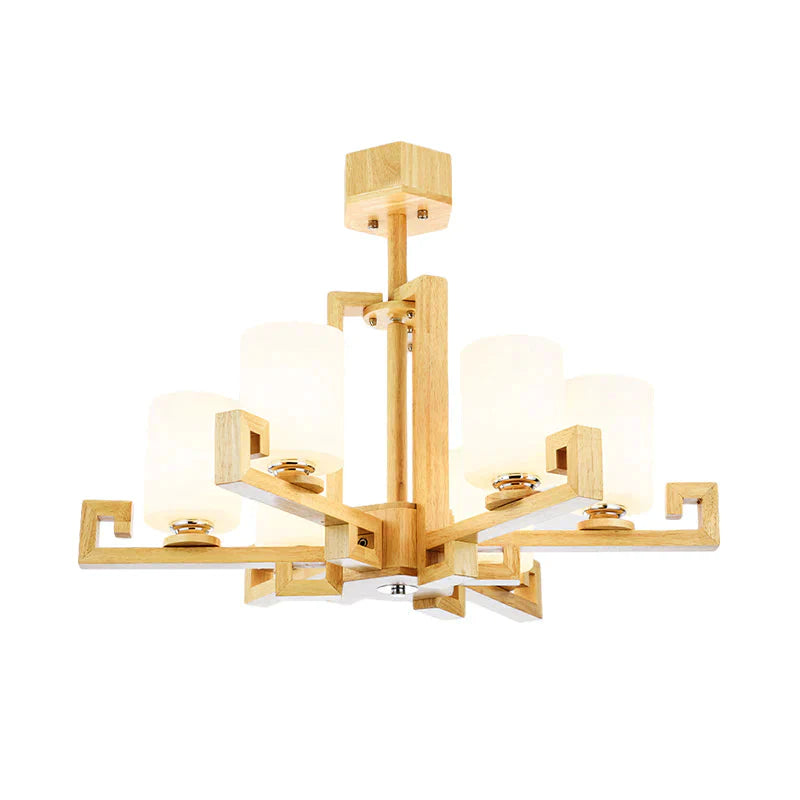 6 Heads Dining Room Ceiling Chandelier Modernism Beige Hanging Lamp Kit With Cylinder White Glass
