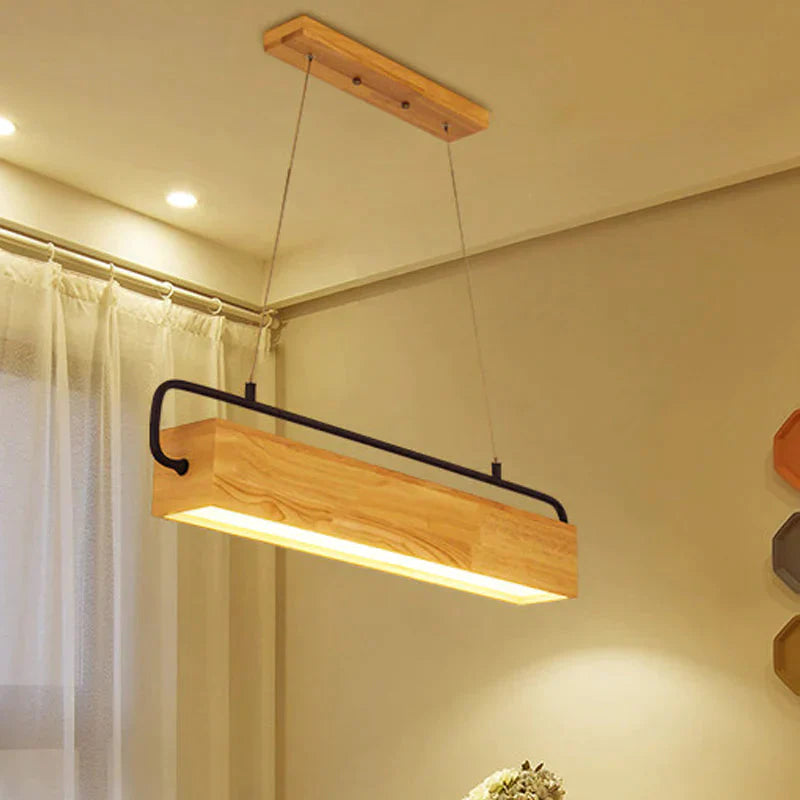 Rectangle Wood Hanging Chandelier Modern Beige Led Pendant Light Warm For Dining Room / 27.5’