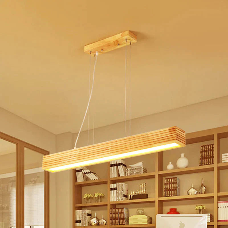 Linear Hanging Lamp Kit Contemporary Wood Led Beige Chandelier Light In White/Natural
