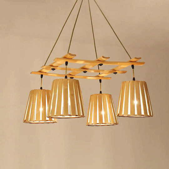 Beige Barrel Pendant Chandelier Modern 4 Lights Wood Hanging Ceiling Light For Bedroom