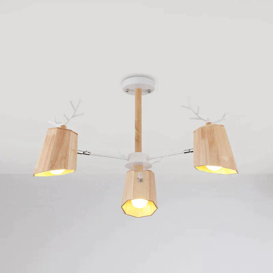 Nordic Beveled Hanging Light Wood 3/8 Heads Dining Room Chandelier Fixture In Beige
