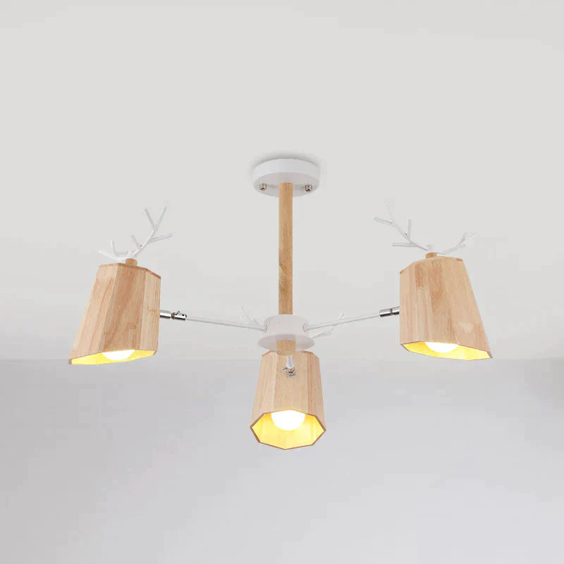 Nordic Beveled Hanging Light Wood 3/8 Heads Dining Room Chandelier Fixture In Beige 3 /