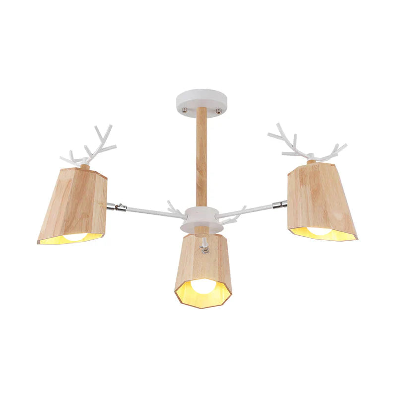 Nordic Beveled Hanging Light Wood 3/8 Heads Dining Room Chandelier Fixture In Beige