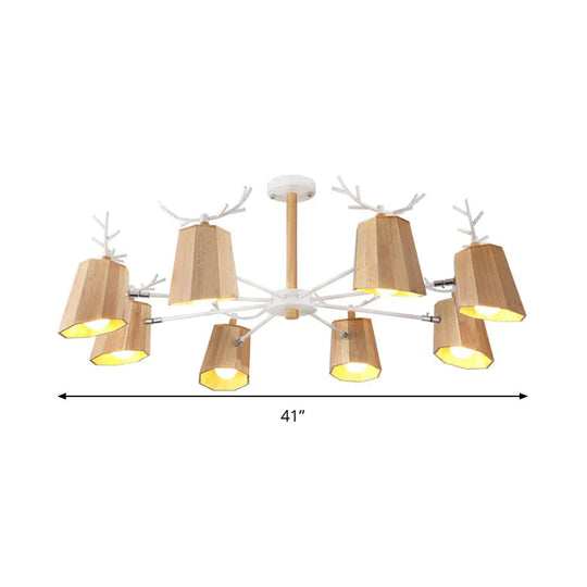 Nordic Beveled Hanging Light Wood 3/8 Heads Dining Room Chandelier Fixture In Beige