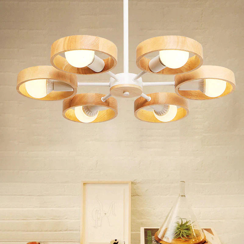 Radial Wood Chandelier Lighting Fixture Simple Style 6 Lights White Ceiling Pendant Light