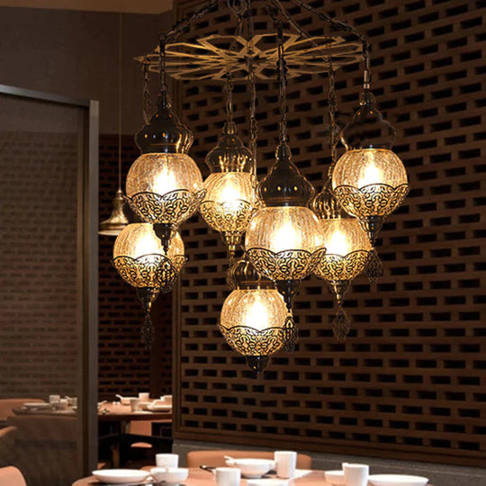 Bronze Spherical Chandelier Moroccan Amber Crackle Glass 7 Lights Restaurant Hanging Ceiling Light
