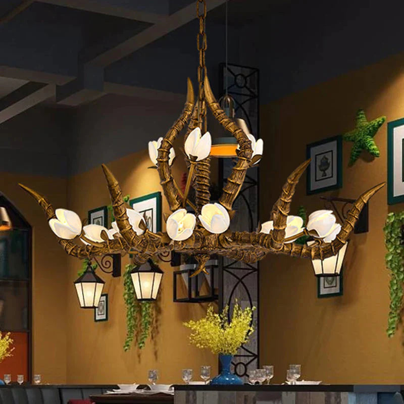 Gold 15 Bulbs Pendant Chandelier Tradition Resin Branch Suspension Hanging Light For Restaurant