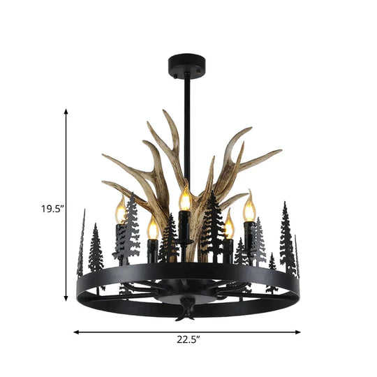 Metal Black Ceiling Chandelier Candle 5 Heads Farmhouse Hanging Pendant Light With Wheel Design