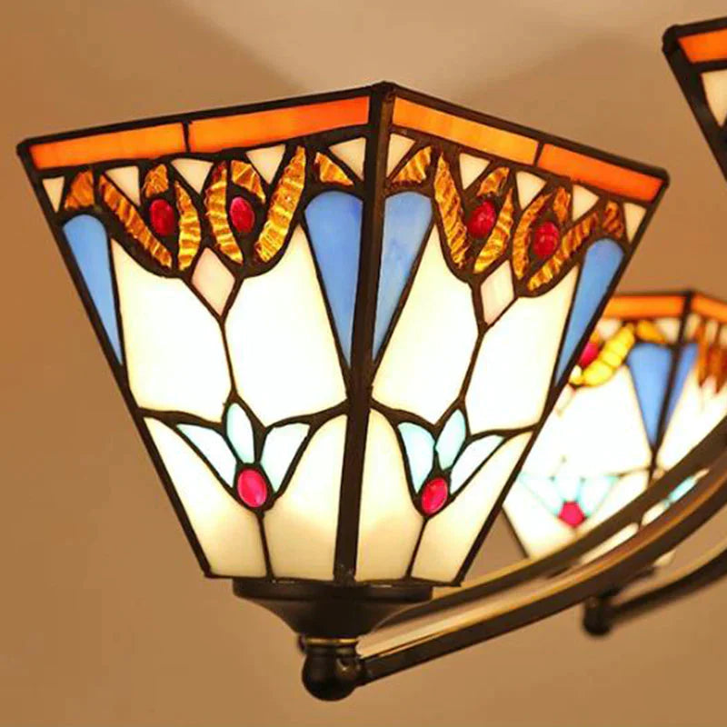 Pyramid Cut Glass Chandelier Lighting Fixture Mediterranean 3/6/8 Lights Blue And Orange/Pink