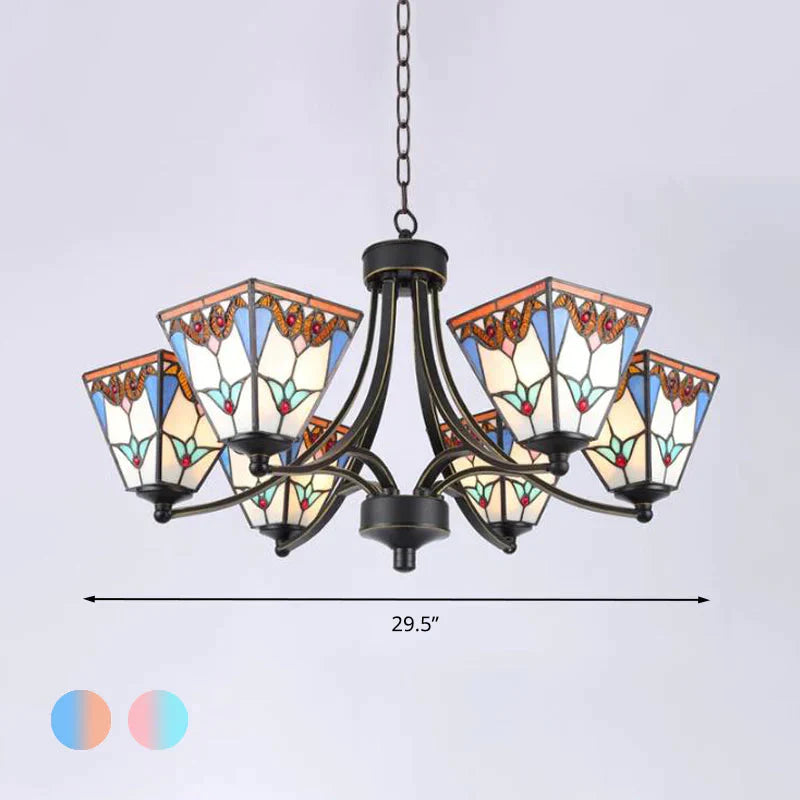 Pyramid Cut Glass Chandelier Lighting Fixture Mediterranean 3/6/8 Lights Blue And Orange/Pink