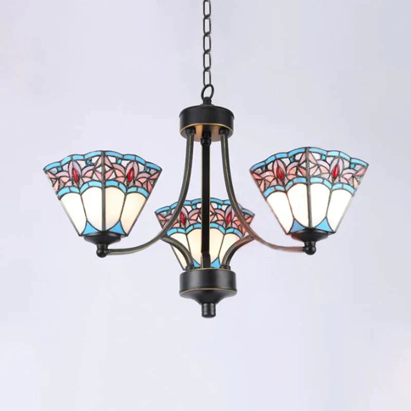 Pyramid Cut Glass Chandelier Lighting Fixture Mediterranean 3/6/8 Lights Blue And Orange/Pink