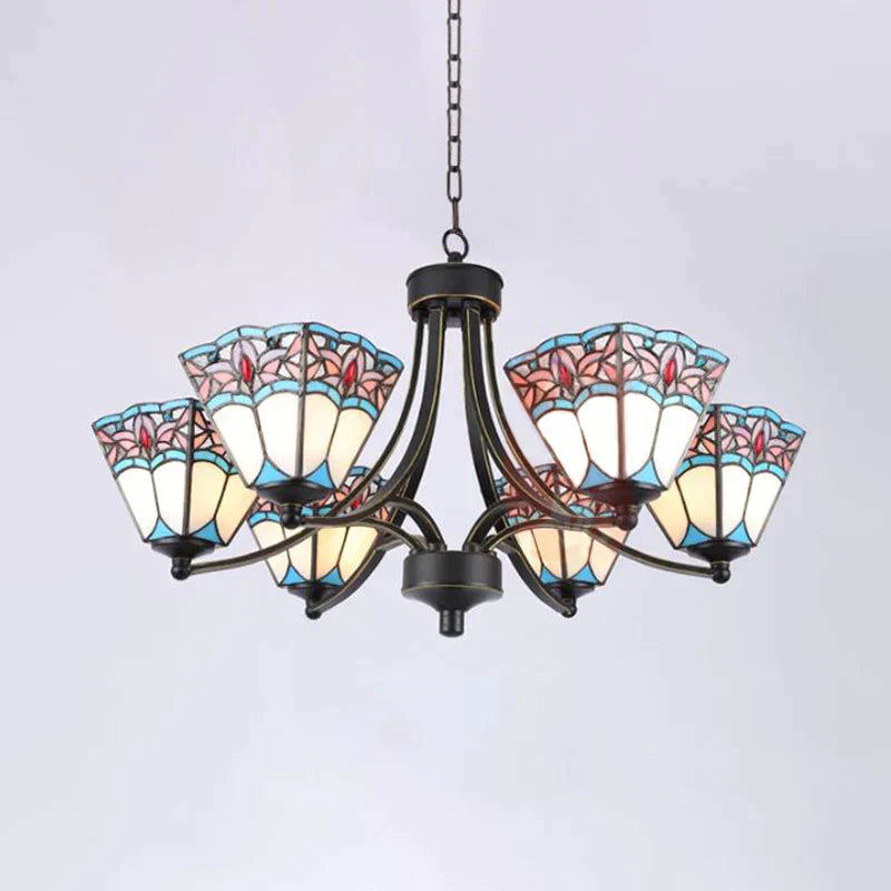 Pyramid Cut Glass Chandelier Lighting Fixture Mediterranean 3/6/8 Lights Blue And Orange/Pink