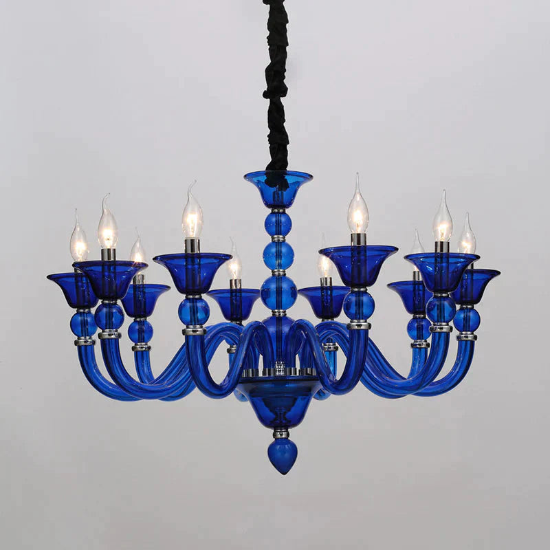 Traditionary Beige/Purple/Blue Glass Hanging Lamp With 10 Bulbs Blue