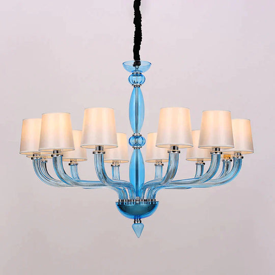 Classic Chandelier With 12 Bulbs In White/Red/Blue Glass Hanging Pendant Light Cone Fabric Shade