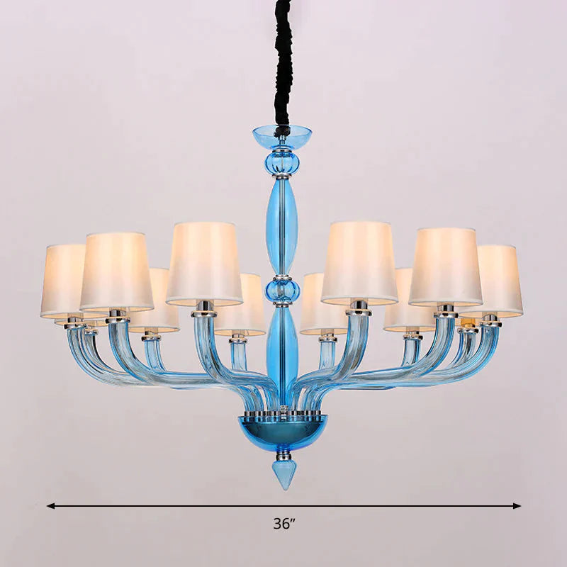 Classic Chandelier With 12 Bulbs In White/Red/Blue Glass Hanging Pendant Light Cone Fabric Shade