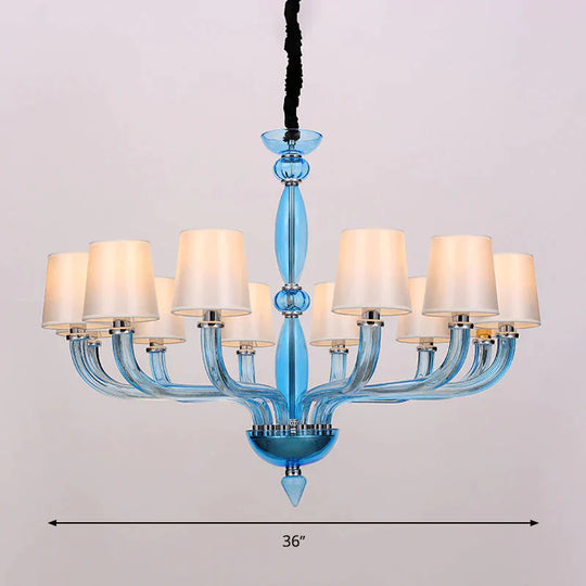 Classic Chandelier With 12 Bulbs In White/Red/Blue Glass Hanging Pendant Light Cone Fabric Shade