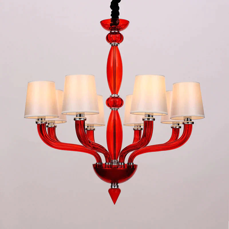 Classic Chandelier With 12 Bulbs In White/Red/Blue Glass Hanging Pendant Light Cone Fabric Shade