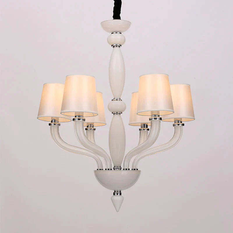 Classic Chandelier With 12 Bulbs In White/Red/Blue Glass Hanging Pendant Light Cone Fabric Shade